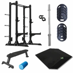 Fitness Equipment Store 4 ARROW X6 Half Rack + 100kg Rubber Coated Weight Plate Package + 6x Floor Tiles + Olympic Barbell + Bench